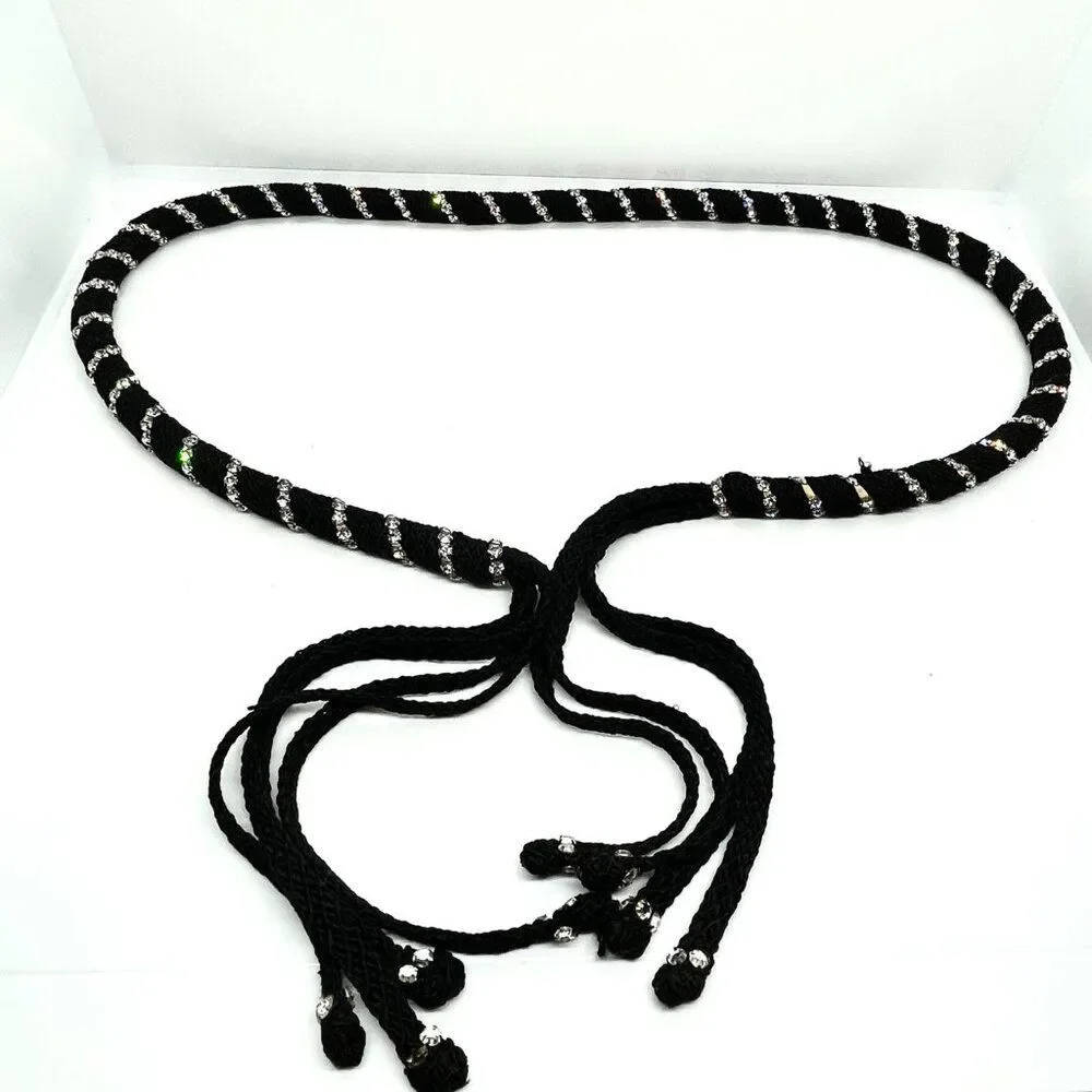 VINTAGE RHINESTONE ROPE Belt Black Tassel Boho Disco Statement